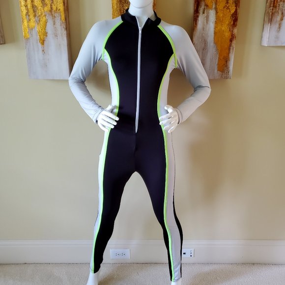 INC Bodycon Sexy Long Sleeve Neon Green Striped Color Block Zipper Jumpsuit SZ L - Picture 1 of 11